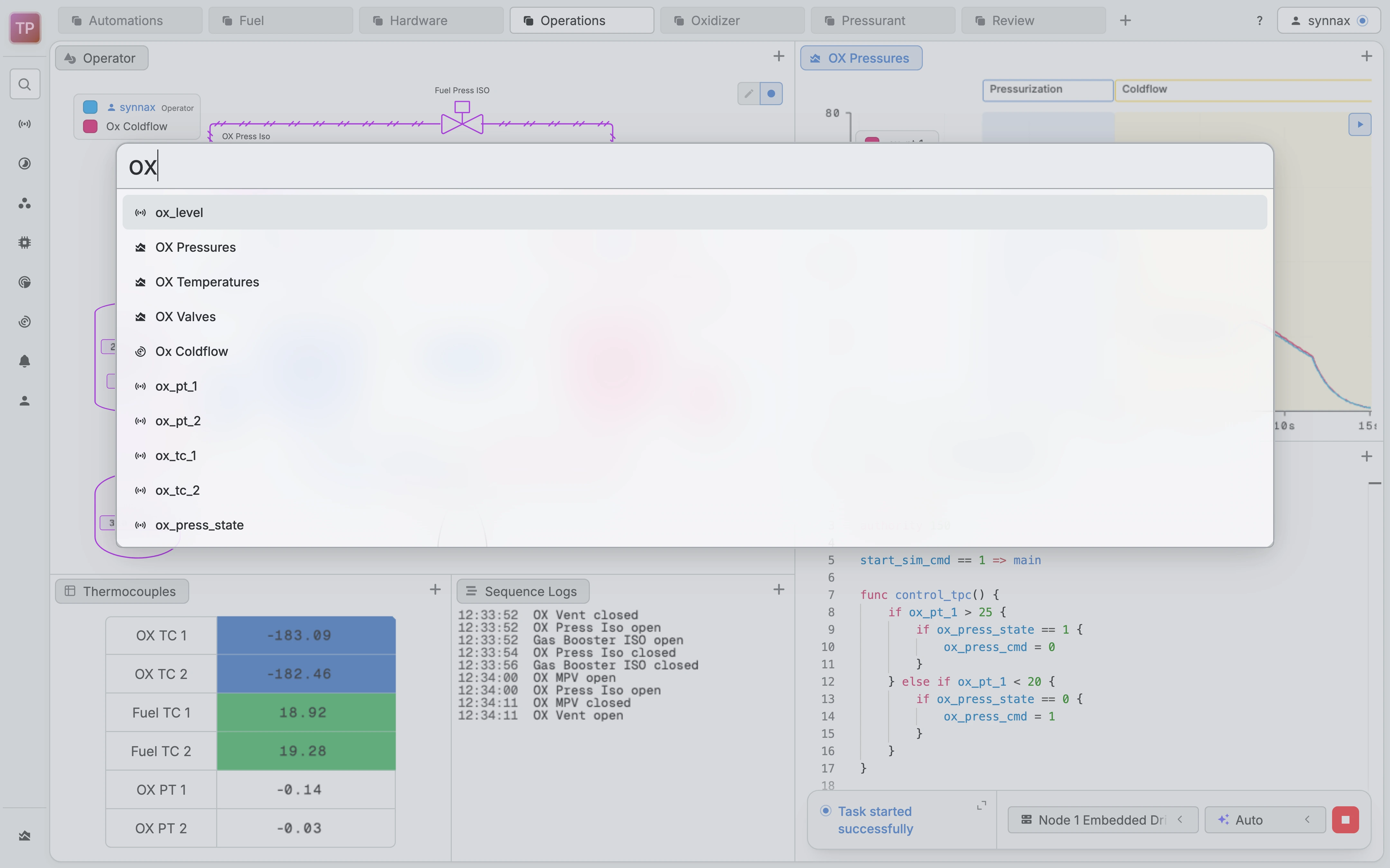 The Console with the command palette open on a search for ox